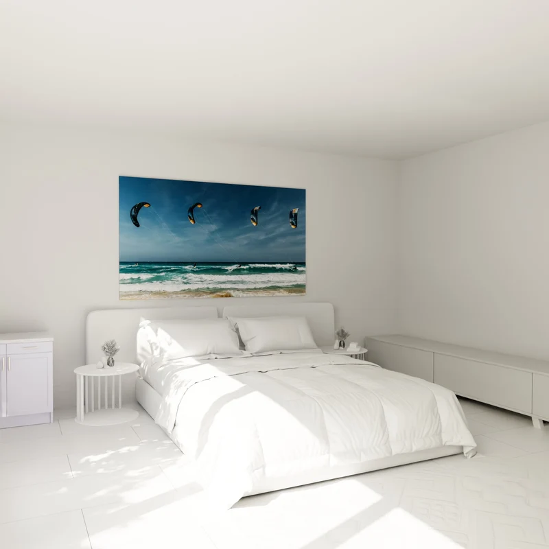 Tableau Quatre voiles bleues et turquoise sur vagues - Ballet marin - Edition Kite surf