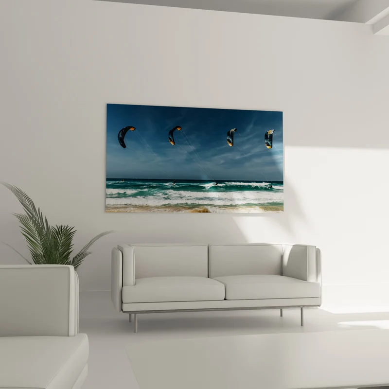 Tableau Quatre voiles bleues et turquoise sur vagues - Ballet marin - Edition Kite surf
