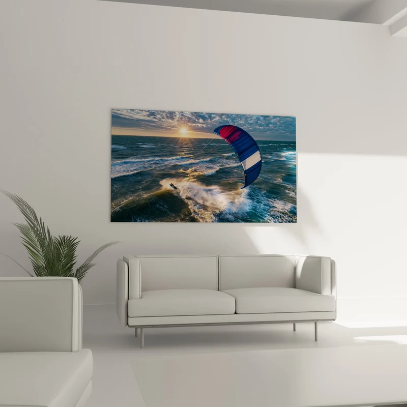 Tableau Kitesurfeur voile bleu marine et rose sur mer scintillante - Soleil perçant les nuages - Edition Kite surf