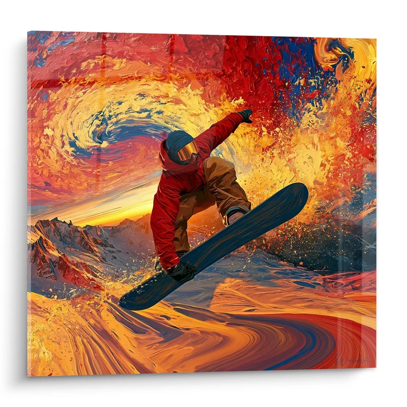 Tableau Snowboardeur rouge et doré en saut - Envol audacieux - Edition Snowboard
