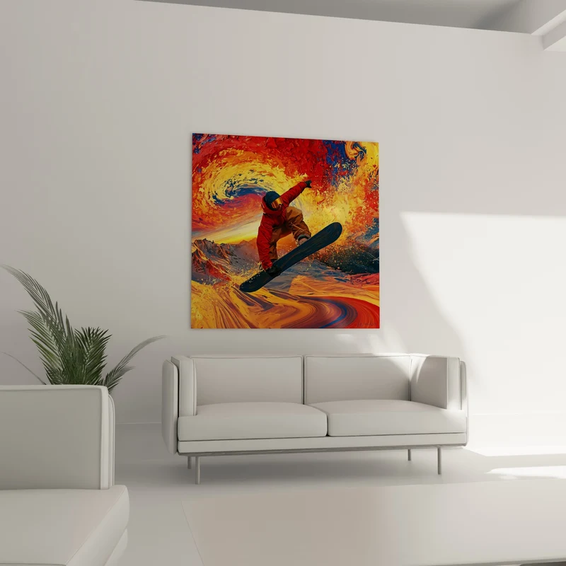 Tableau Snowboardeur rouge et doré en saut - Envol audacieux - Edition Snowboard