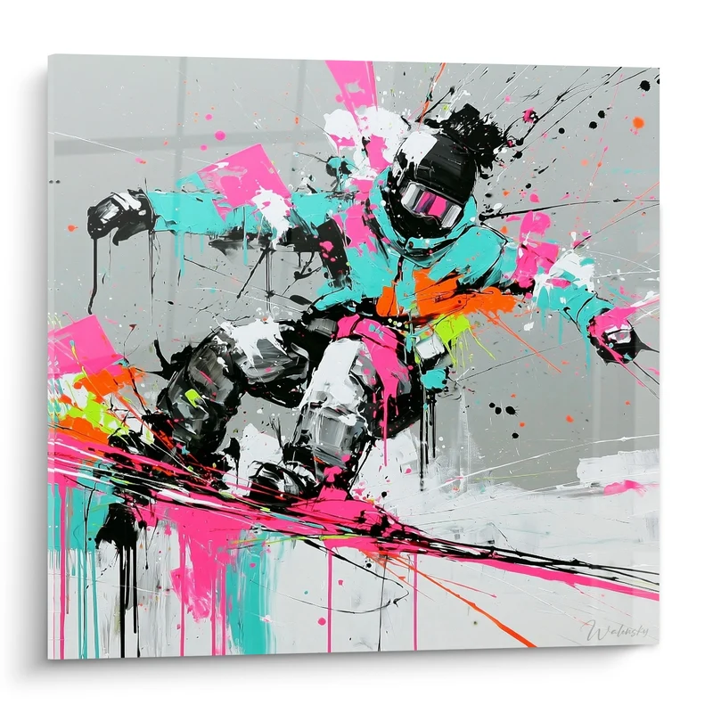 Tableau Snowboardeur turquoise et rose fluo au masque miroir - Gouttes de peinture noire - Edition Snowboard
