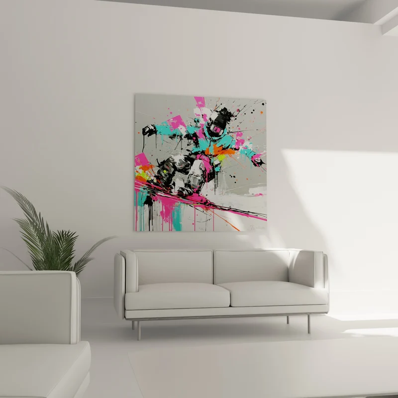 Tableau Snowboardeur turquoise et rose fluo au masque miroir - Gouttes de peinture noire - Edition Snowboard