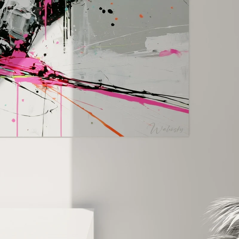 Tableau Snowboardeur turquoise et rose fluo au masque miroir - Gouttes de peinture noire - Edition Snowboard