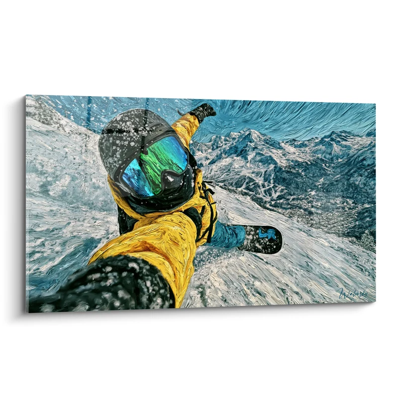 Tableau Snowboardeur jaune et noir en selfie - Masque au reflet émeraude - Edition Snowboard