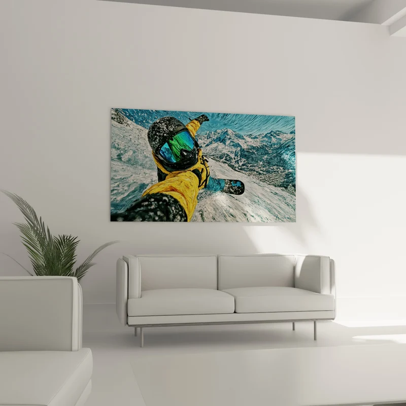 Tableau Snowboardeur jaune et noir en selfie - Masque au reflet émeraude - Edition Snowboard