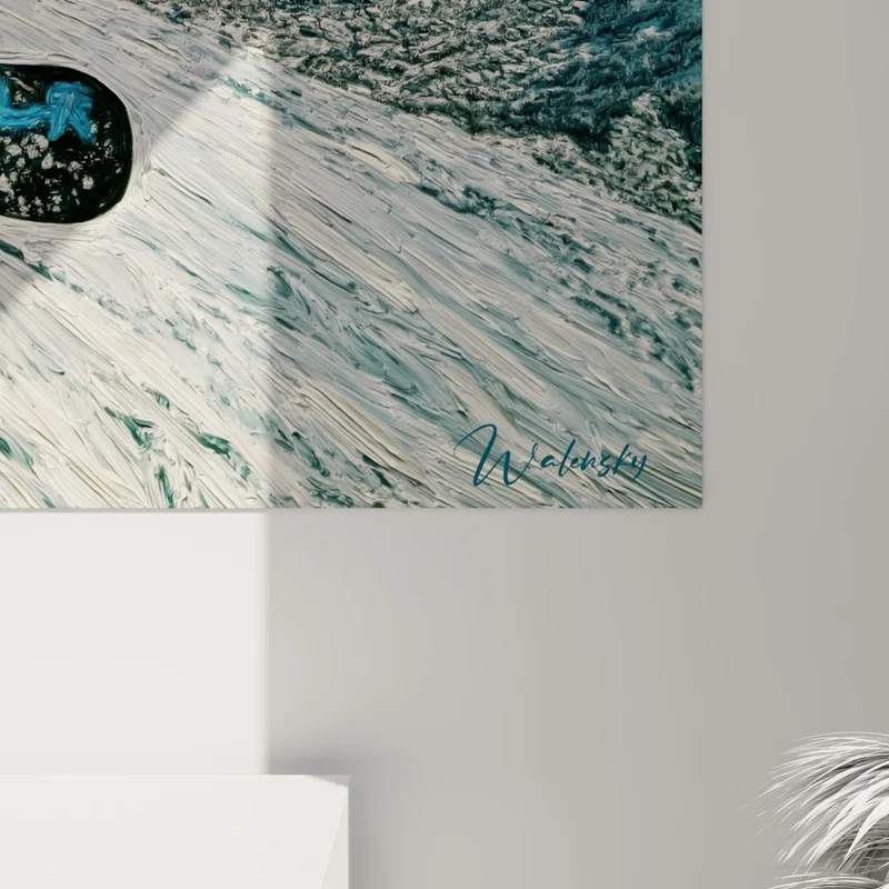 Tableau Snowboardeur jaune et noir en selfie - Masque au reflet émeraude - Edition Snowboard