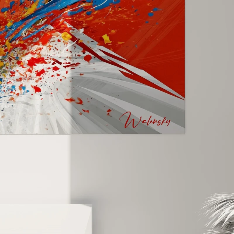Tableau Snowboardeur rouge et jaune au foulard écarlate - Falaise rocheuse enneigée - Edition Snowboard