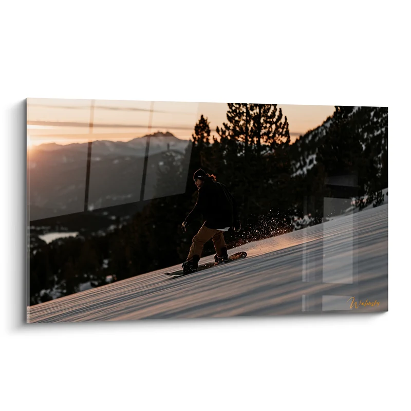 Tableau Snowboardeur silhouette orange et blanc - Descente au crépuscule - Edition Snowboard