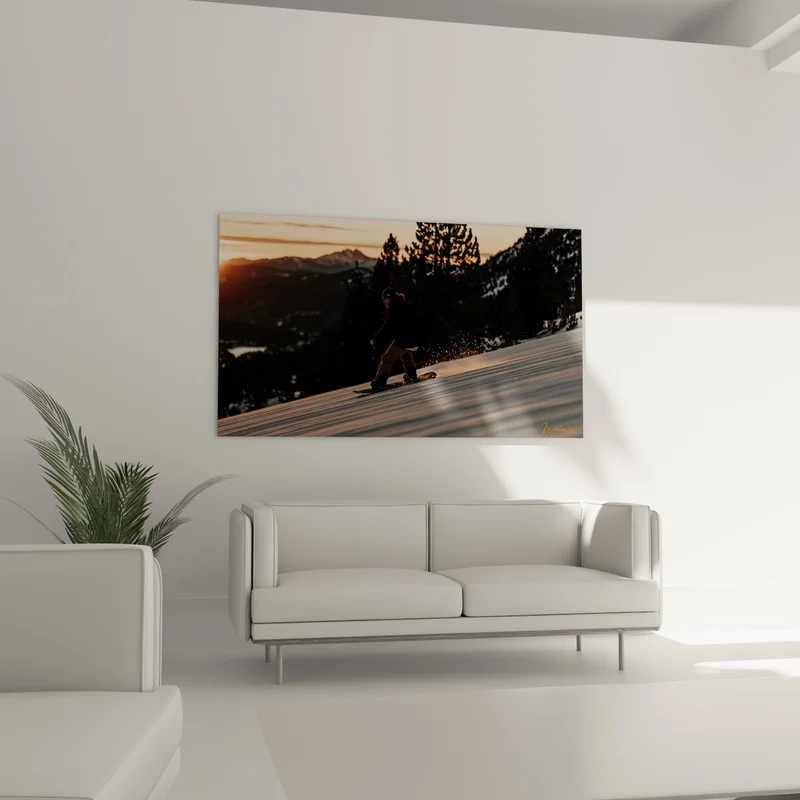 Tableau Snowboardeur silhouette orange et blanc - Descente au crépuscule - Edition Snowboard