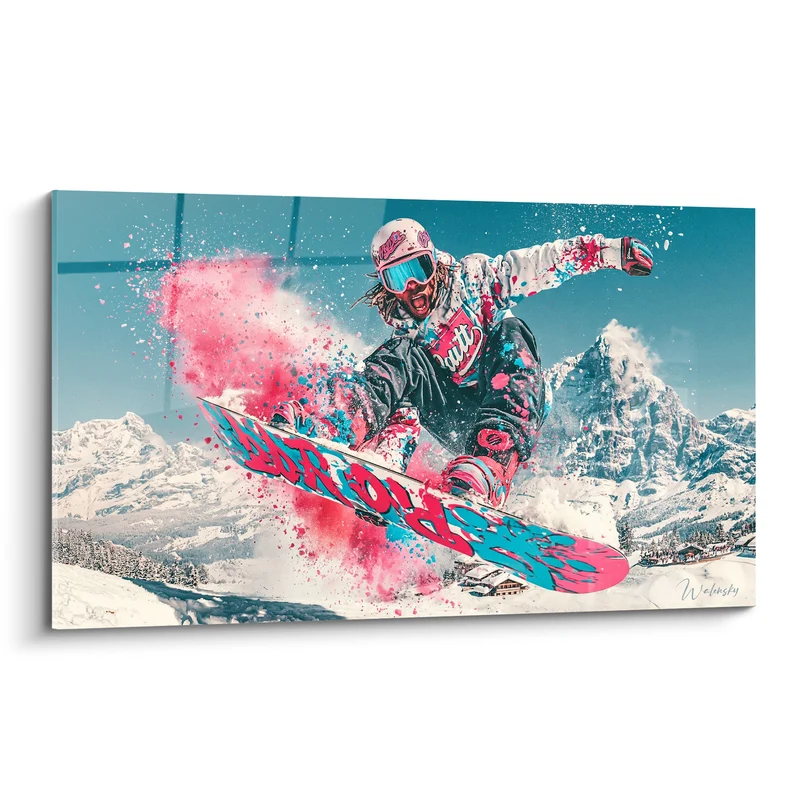 Tableau Snowboardeur rose et turquoise en saut - Éclat en altitude - Edition Snowboard