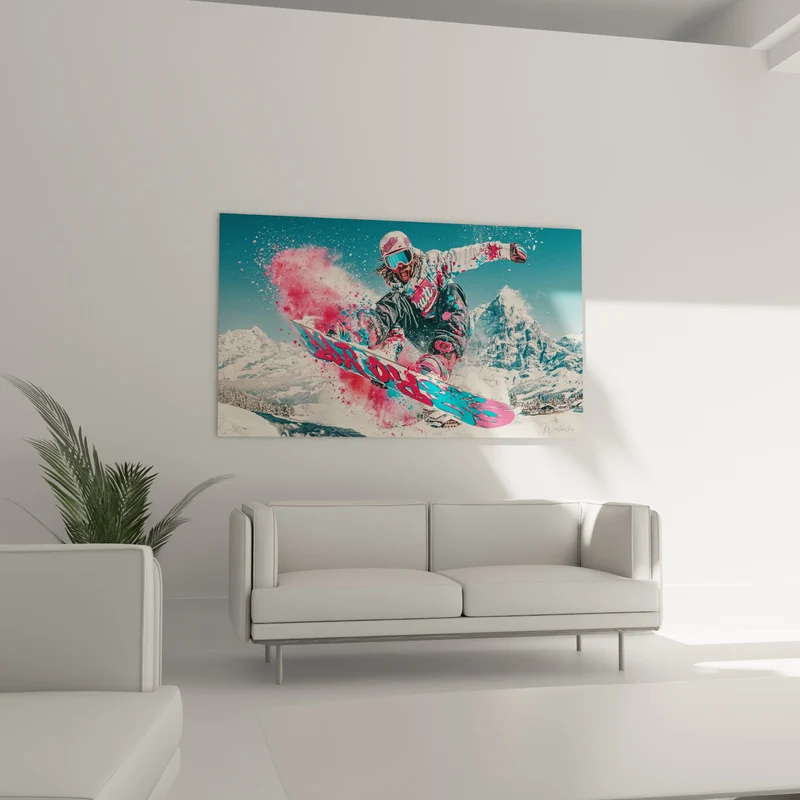 Tableau Snowboardeur rose et turquoise en saut - Éclat en altitude - Edition Snowboard