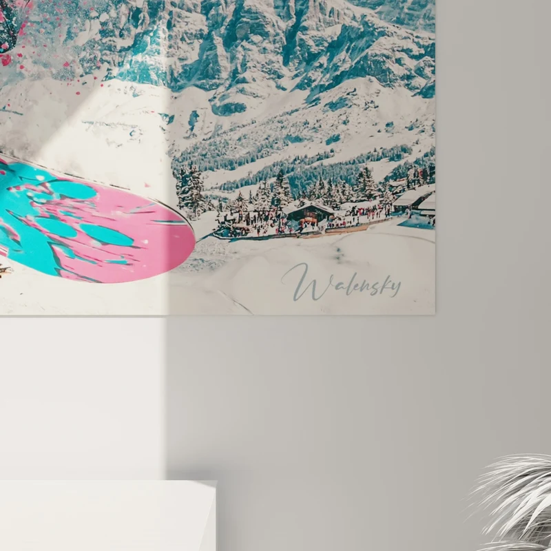 Tableau Snowboardeur rose et turquoise en saut - Éclat en altitude - Edition Snowboard