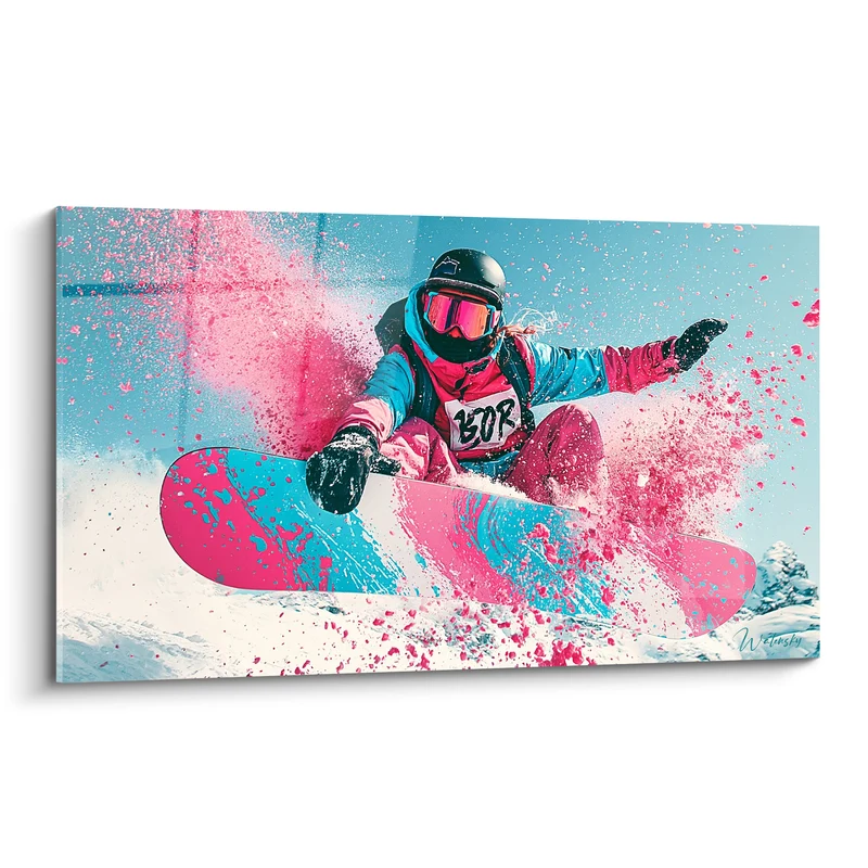Tableau Snowboardeur en projection rose et bleu - Explosion en plein vol - Edition Snowboard
