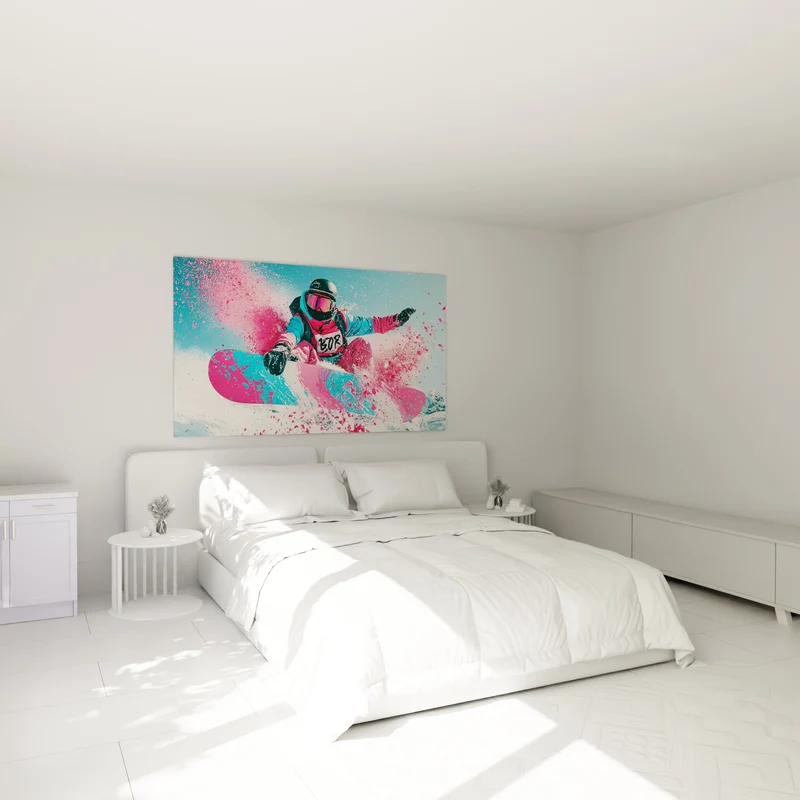 Tableau Snowboardeur en projection rose et bleu - Explosion en plein vol - Edition Snowboard