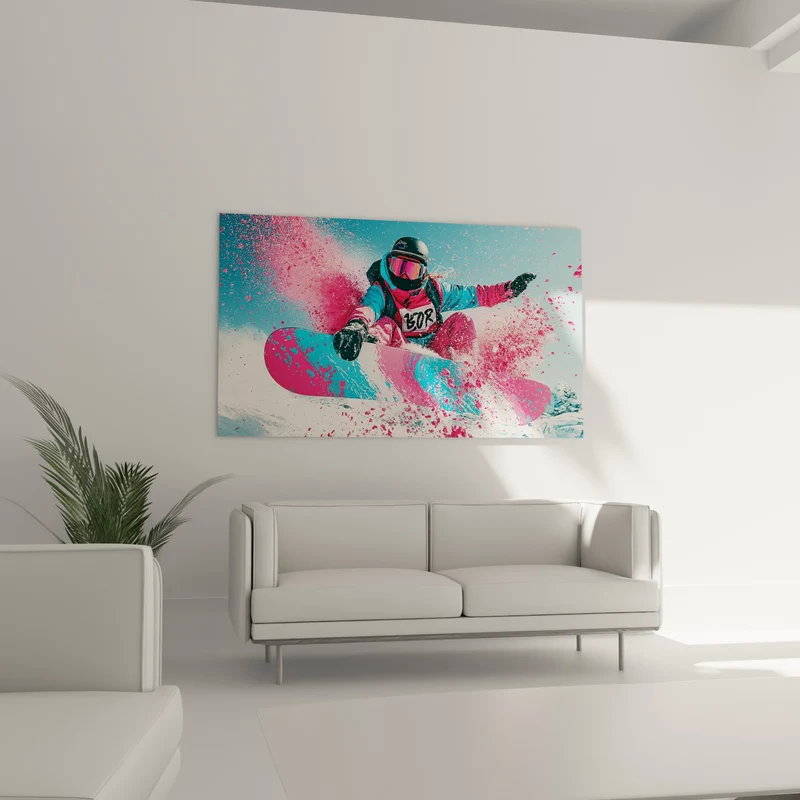 Tableau Snowboardeur en projection rose et bleu - Explosion en plein vol - Edition Snowboard