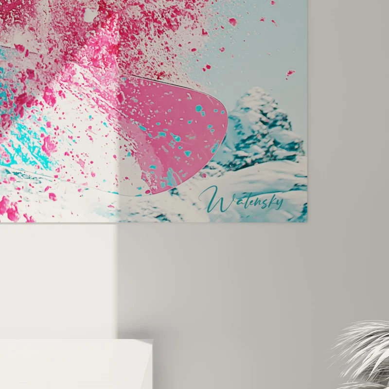 Tableau Snowboardeur en projection rose et bleu - Explosion en plein vol - Edition Snowboard