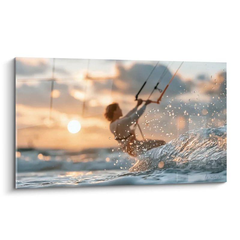 Tableau Kitesurfeur doré fendant une vague - Envol du soir - Edition Kite surf
