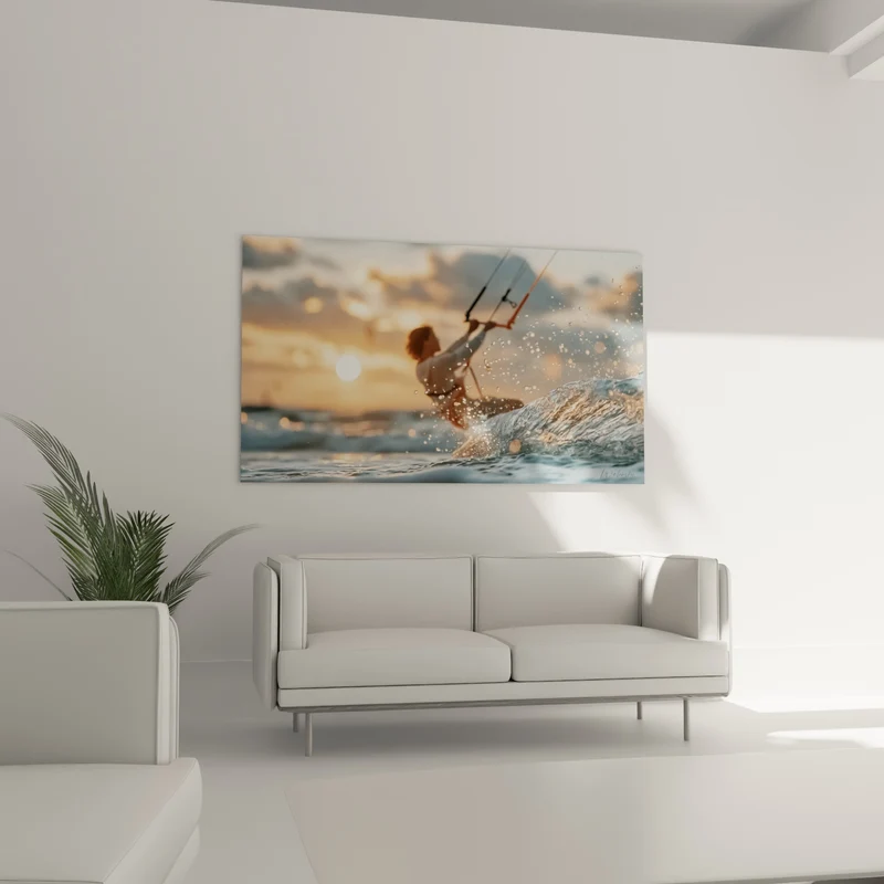 Tableau Kitesurfeur doré fendant une vague - Envol du soir - Edition Kite surf
