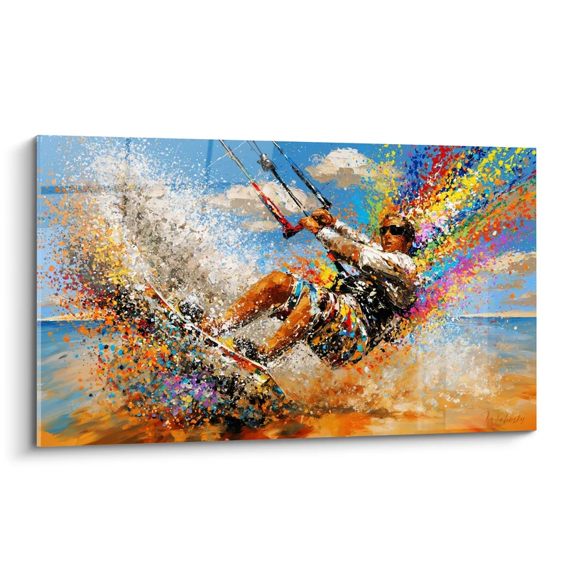 Tableau Kitesurfeur bleu et orange en gerbe multicolore - Éclaboussure en plein virage - Edition Kite surf