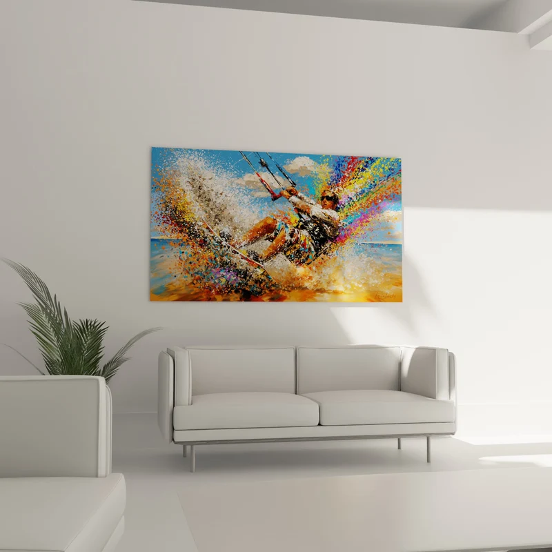 Tableau Kitesurfeur bleu et orange en gerbe multicolore - Éclaboussure en plein virage - Edition Kite surf