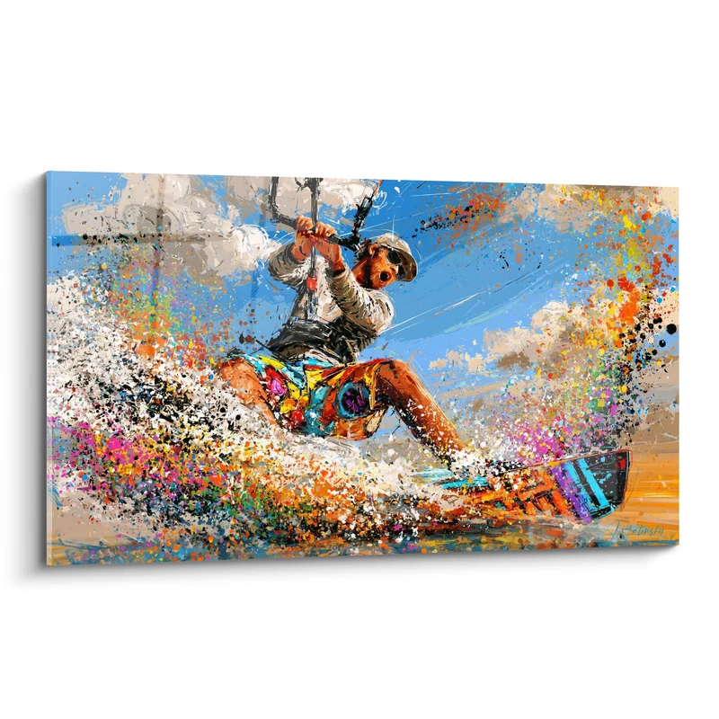 Tableau Kitesurfeur bleu et orange en pleine glisse - Éclaboussure en plein élan - Edition Kite surf