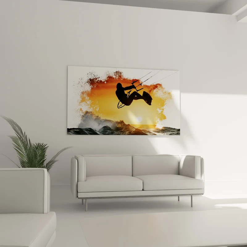 Tableau Kitesurfeur silhouette noire nuage orange et blanc - Soleil rond bas horizon - Edition Kite surf