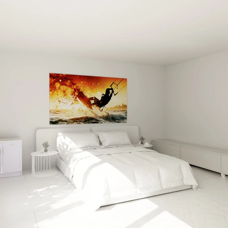 Tableau Kitesurfeur silhouette orange et doré éclaboussant - Envol au couchant - Edition Kite surf