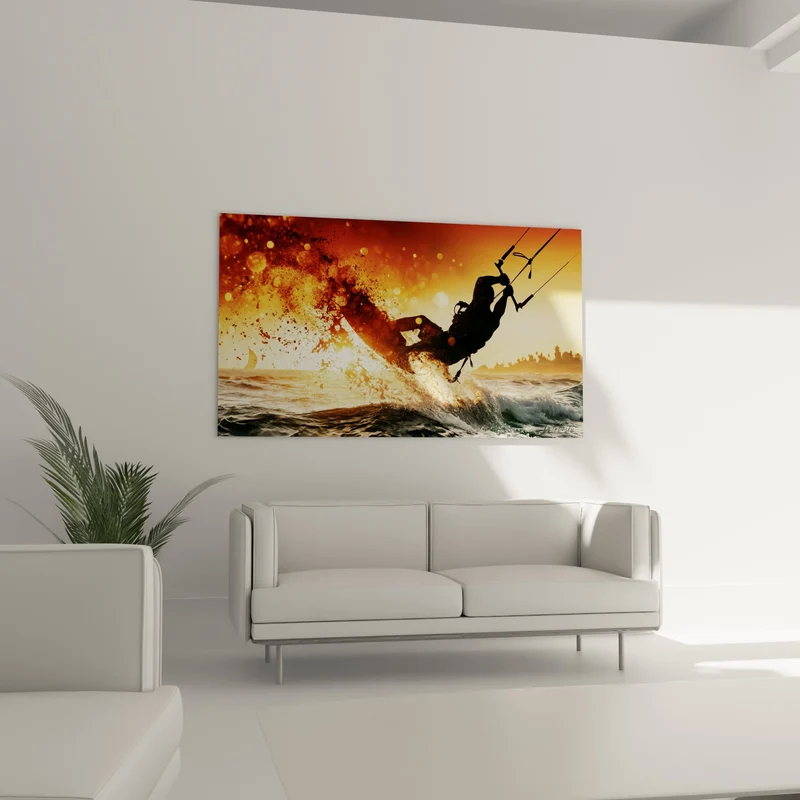 Tableau Kitesurfeur silhouette orange et doré éclaboussant - Envol au couchant - Edition Kite surf
