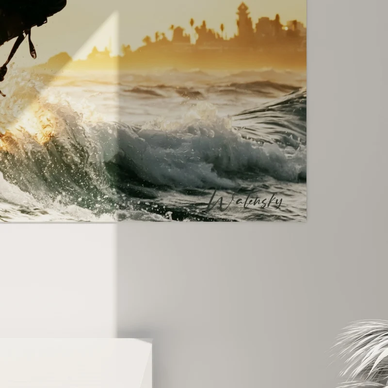 Tableau Kitesurfeur silhouette orange et doré éclaboussant - Envol au couchant - Edition Kite surf