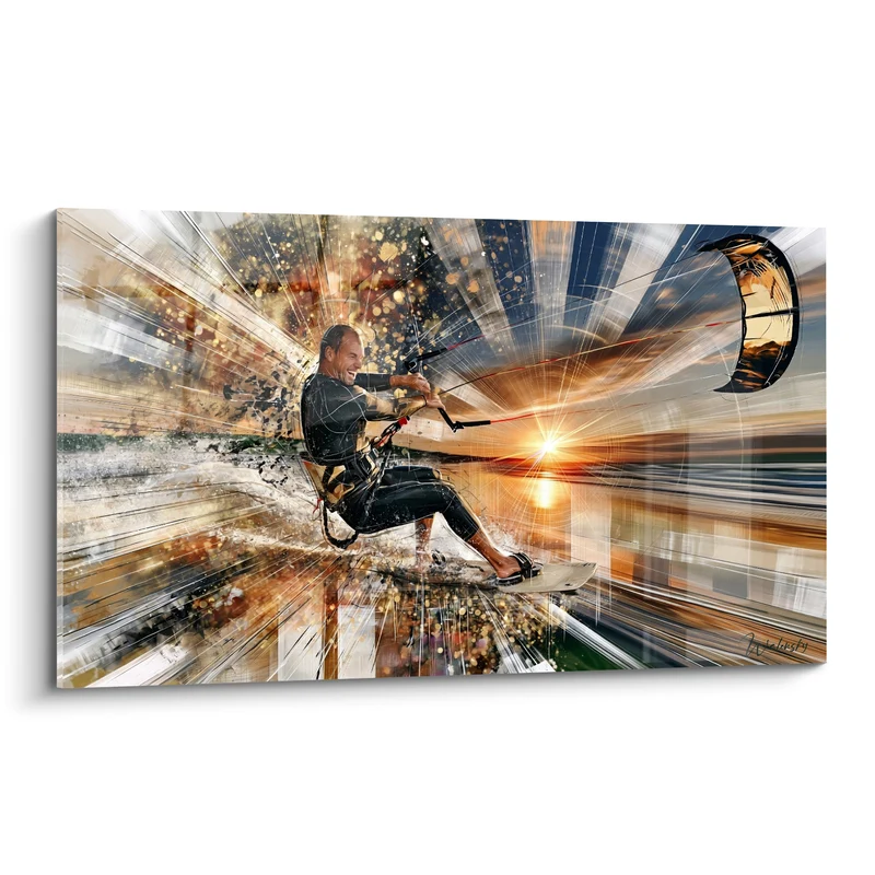 Tableau Kitesurfeur combinaison noire rayons dorés - Vertige solaire - Edition Kite surf