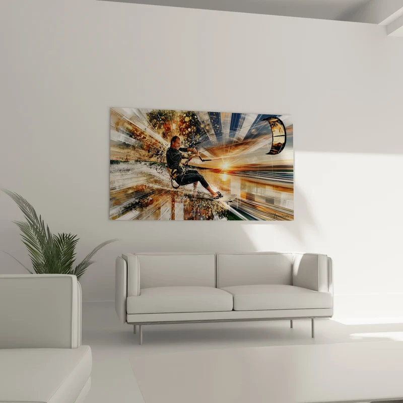 Tableau Kitesurfeur combinaison noire rayons dorés - Vertige solaire - Edition Kite surf
