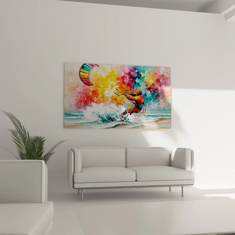 Tableau Kitesurfeur multicolore sur vagues d'écume - Sursaut d'adrénaline - Edition Kite surf