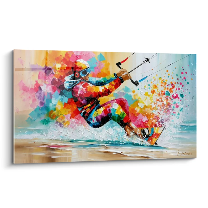 Tableau Kitesurfeur multicolore aux éclats turquoise et corail - Éclaboussure vibrante - Edition Kite surf