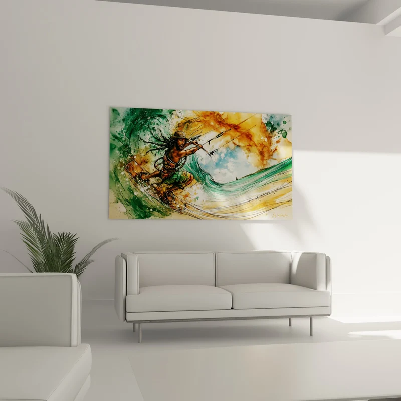 Tableau Kitesurfeur aux vagues turquoise et ocre - Élan sur la vague - Edition Kite surf