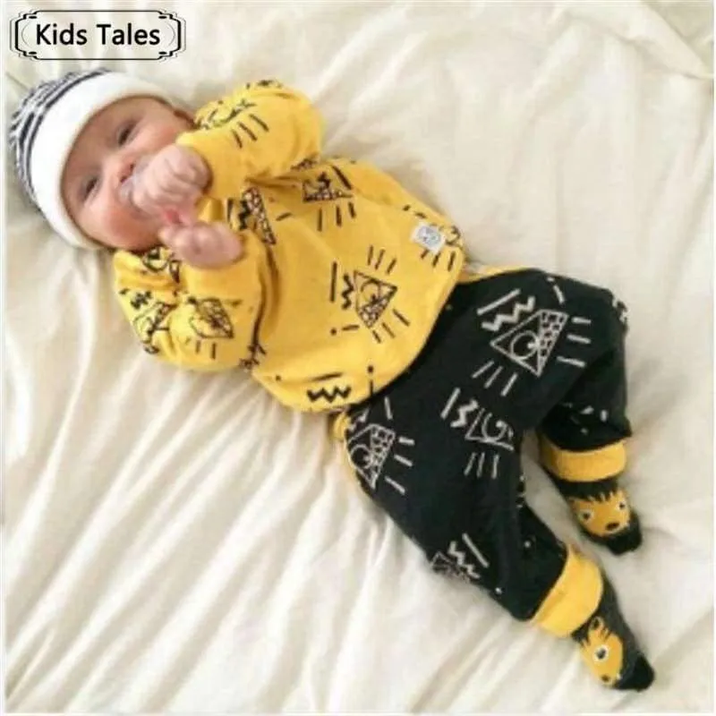 Neugeborenes Baby-Kleidung Baby-Kleidung Unisex gelb Farbe Langarm-Shirt + Hose 2-tlg. Bebe Mädchen Kleidung Set ST205