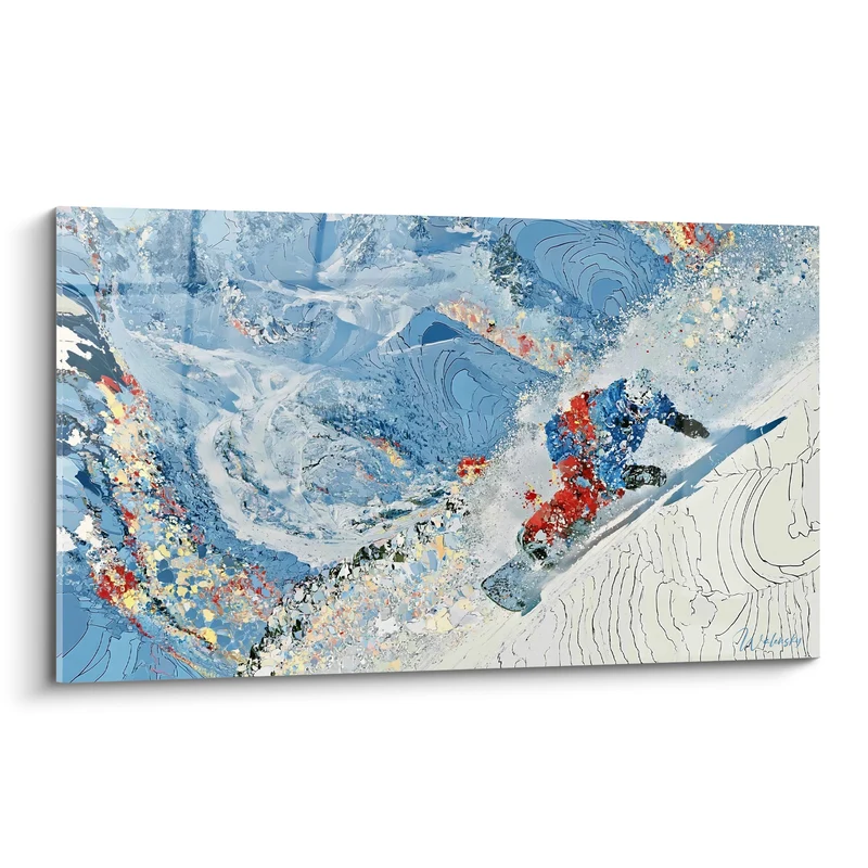 Tableau Snowboardeur bleu et rouge sur pente tourbillonnante - Lignes topographiques gravées - Edition Snowboard