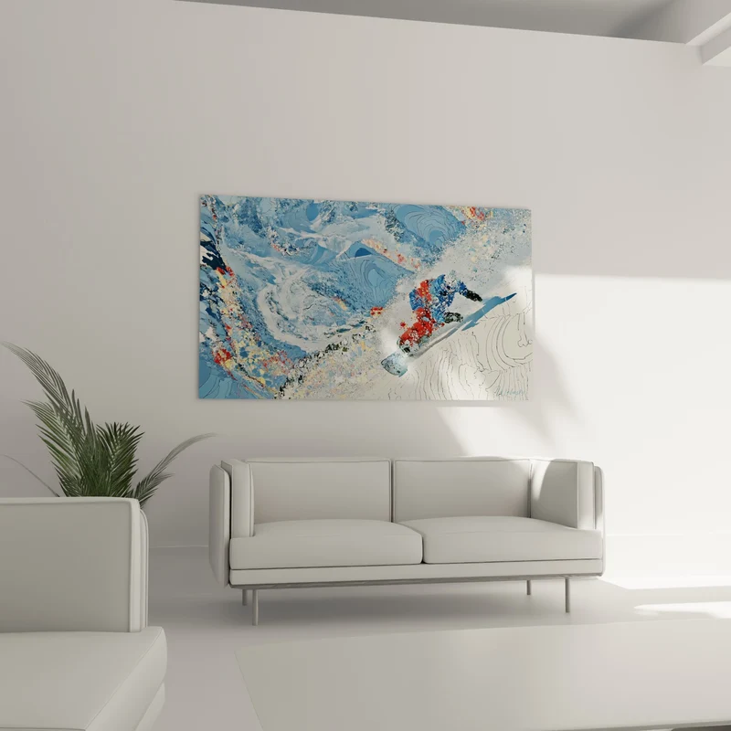 Tableau Snowboardeur bleu et rouge sur pente tourbillonnante - Lignes topographiques gravées - Edition Snowboard