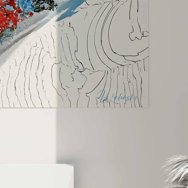 Tableau Snowboardeur bleu et rouge sur pente tourbillonnante - Lignes topographiques gravées - Edition Snowboard