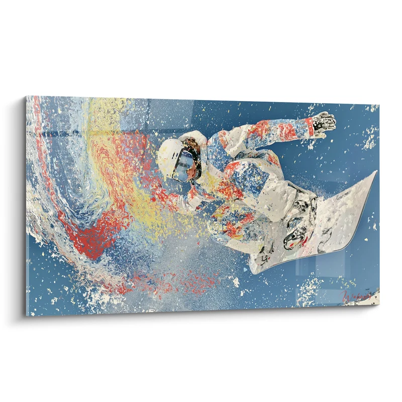 Tableau Snowboardeur blanc et rouge en tourbillon de peinture - Planche tachetée d'encre - Edition Snowboard