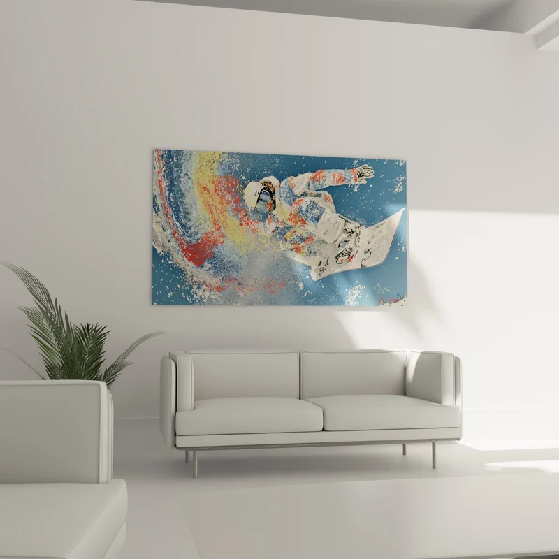 Tableau Snowboardeur blanc et rouge en tourbillon de peinture - Planche tachetée d'encre - Edition Snowboard