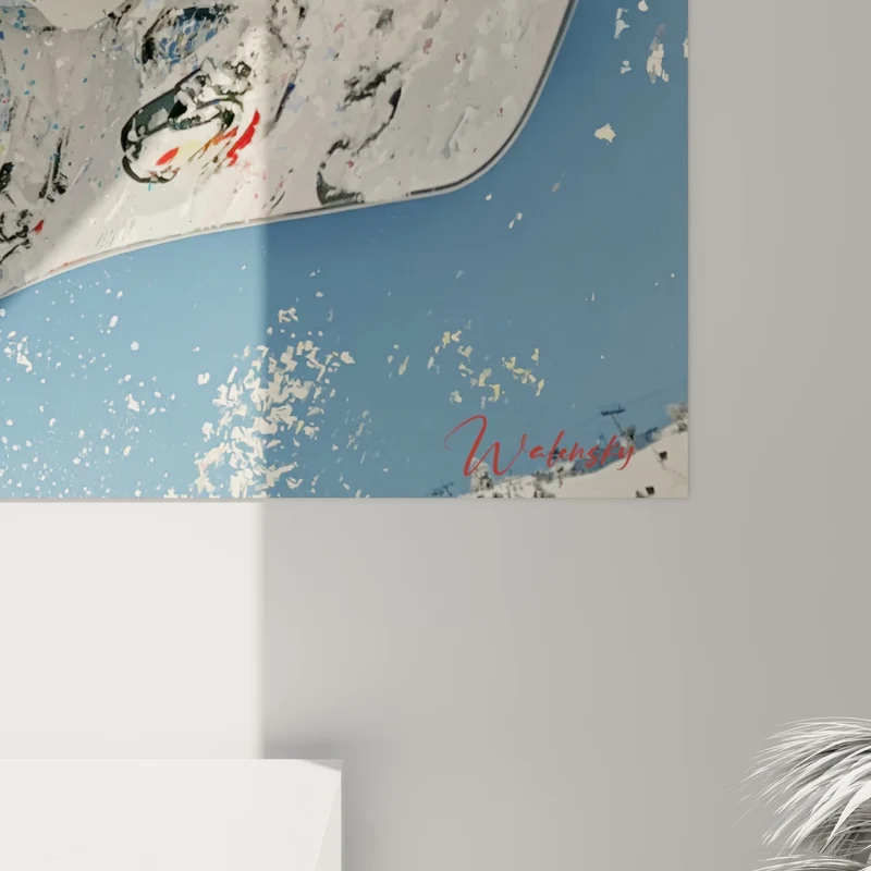 Tableau Snowboardeur blanc et rouge en tourbillon de peinture - Planche tachetée d'encre - Edition Snowboard
