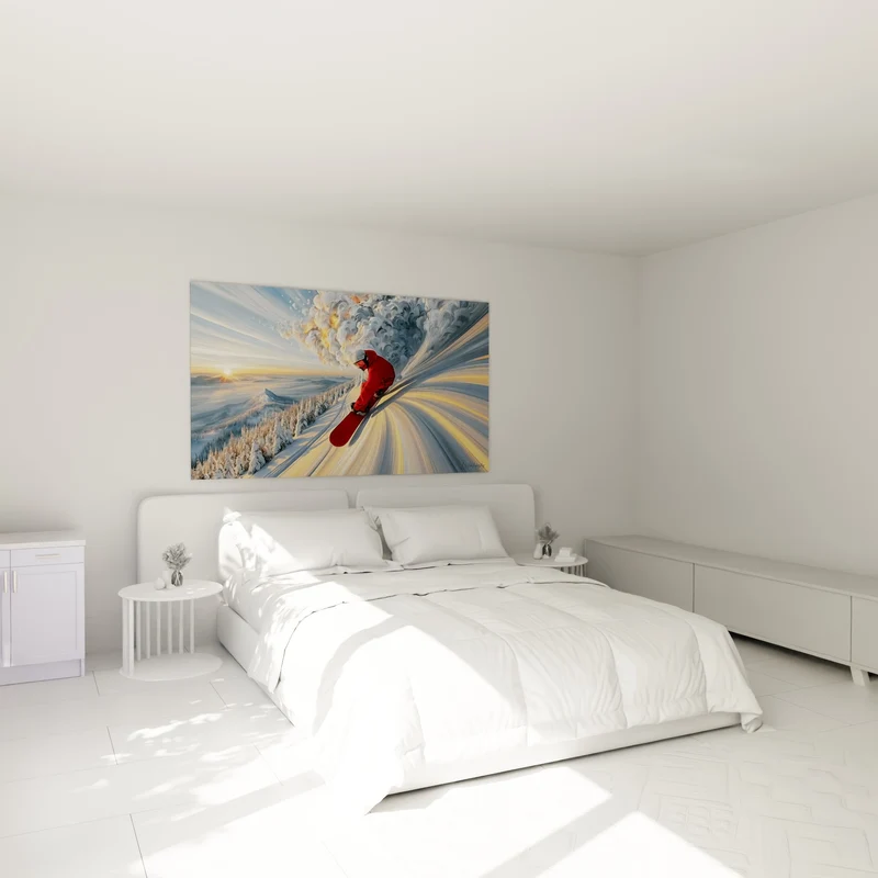 Tableau Snowboardeur rouge et gris devant vague tourbillonnante - Soleil couchant lointain - Edition Snowboard
