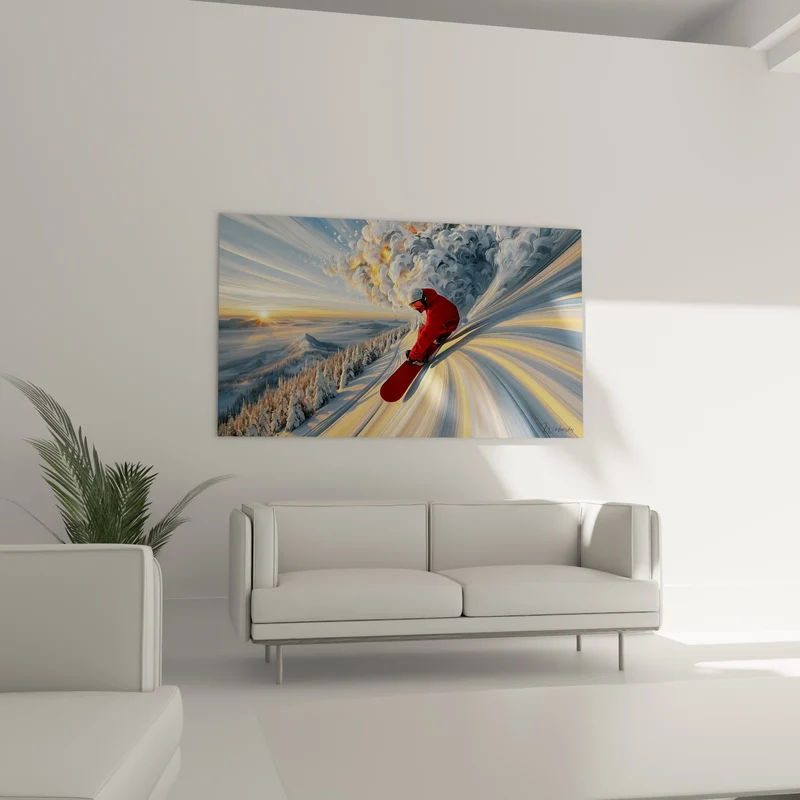 Tableau Snowboardeur rouge et gris devant vague tourbillonnante - Soleil couchant lointain - Edition Snowboard