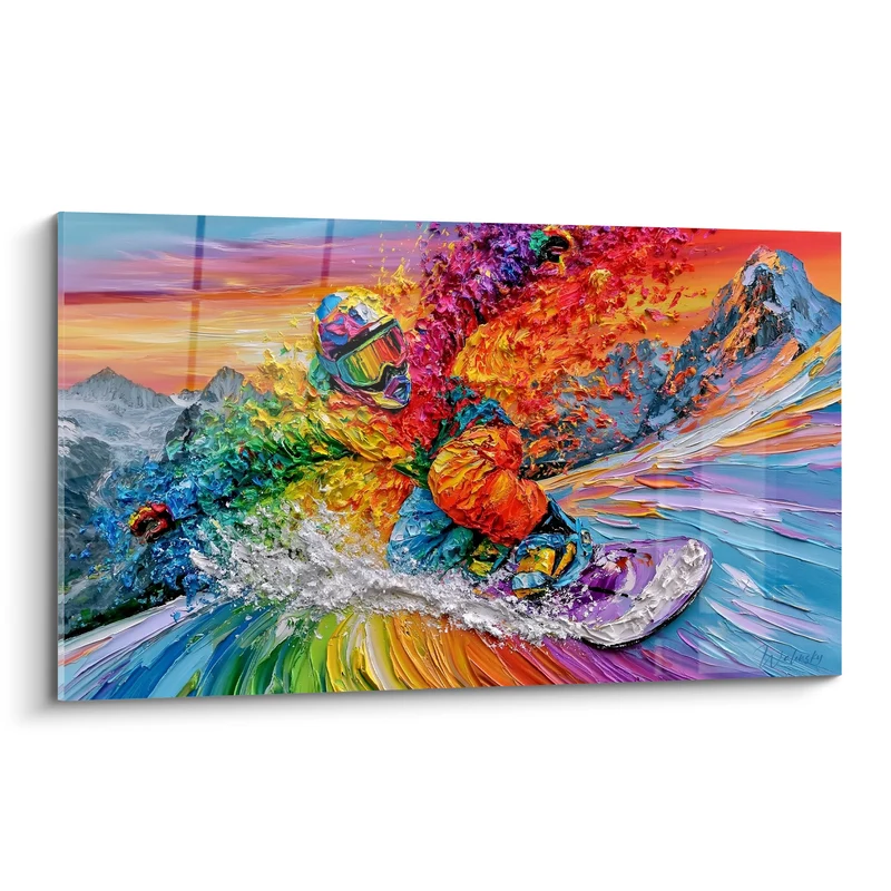 Tableau Snowboardeur rouge et violet en éclaboussures multicolores - Planche mauve et blanche - Edition Snowboard