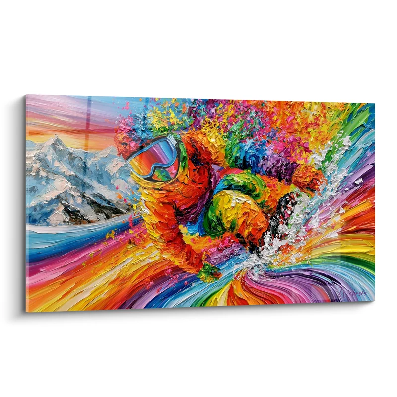 Tableau Snowboardeur orange et vert en tourbillon multicolore - Masque réfléchissant argenté - Edition Snowboard