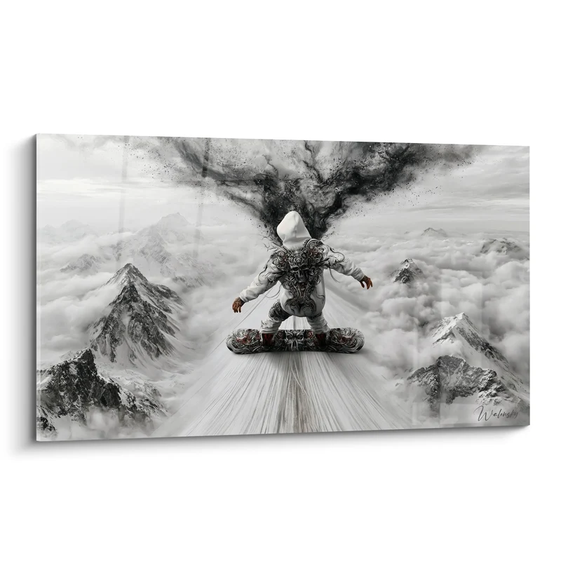 Tableau Snowboardeur blanc aux volutes anthracite - Ascension vertigineuse - Edition Snowboard