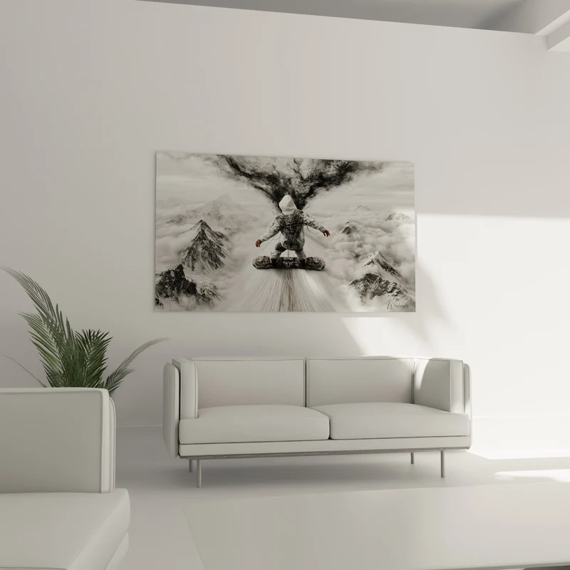 Tableau Snowboardeur blanc aux volutes anthracite - Ascension vertigineuse - Edition Snowboard