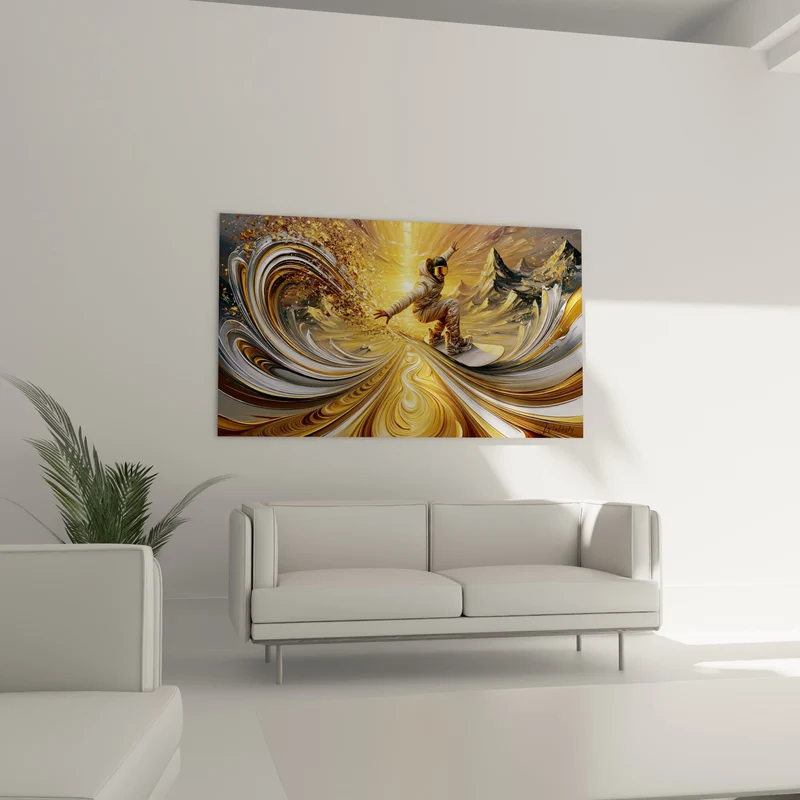 Tableau Snowboardeur beige et doré en tourbillon liquide - Soleil éclatant - Edition Snowboard
