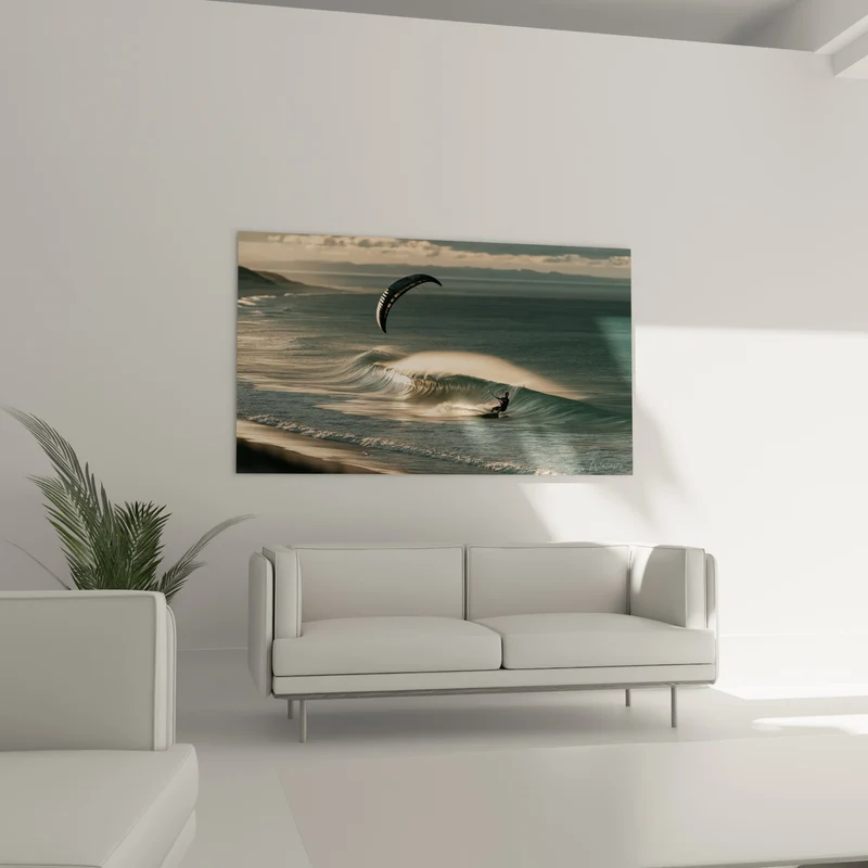 Tableau Kitesurfeur noir et gris longeant une vague creuse - Montagnes lointaines embrumées - Edition Kite surf